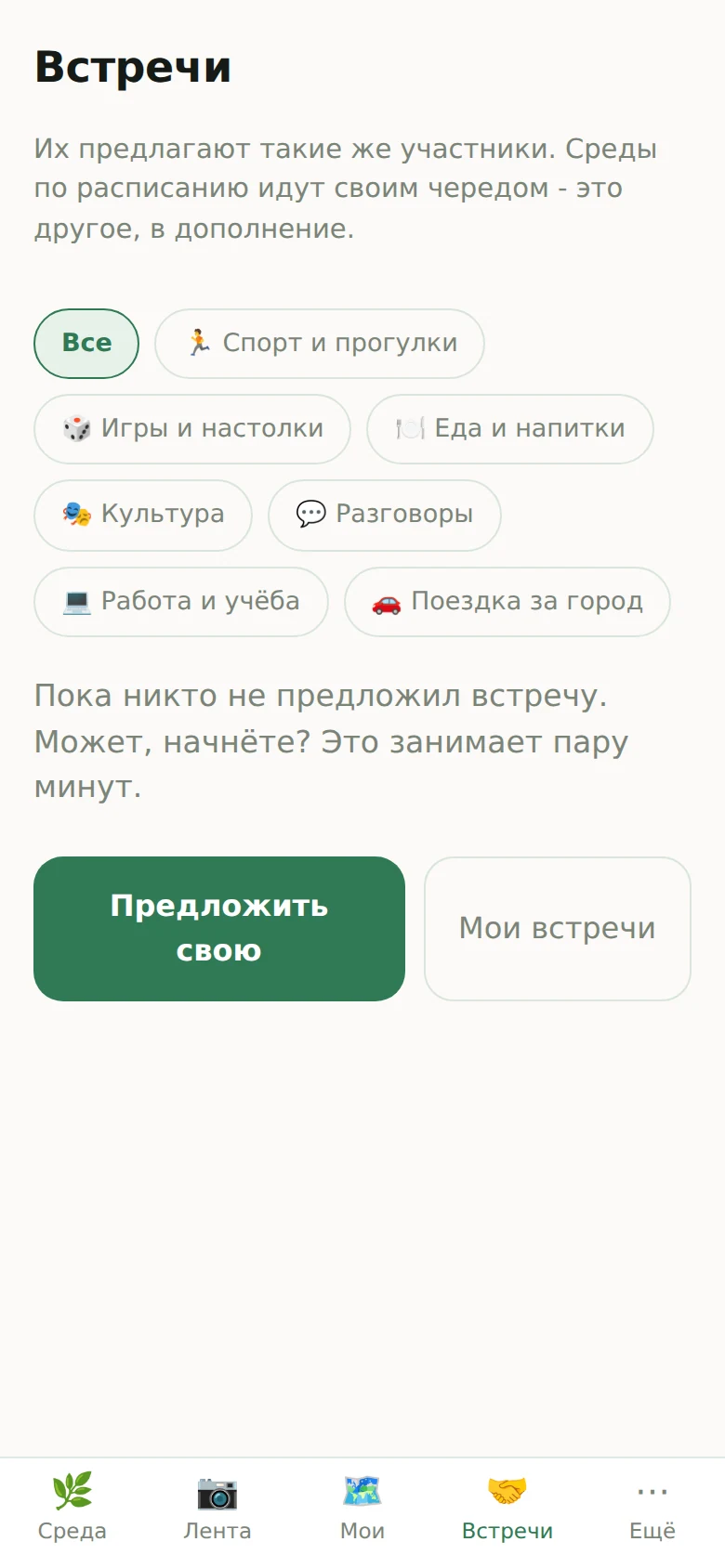 Вкладка «Встречи» со списком категорий